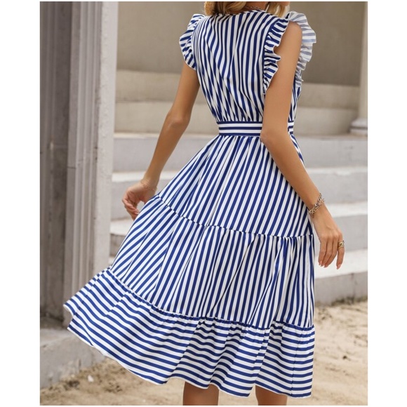 Boho Blue White Stripes Ruffle Sleeve dress - Picture 4 of 4